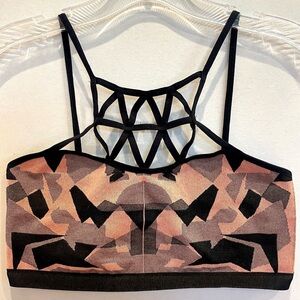 NWOT LF strappy spandex cross neck bralette with geometric orange design